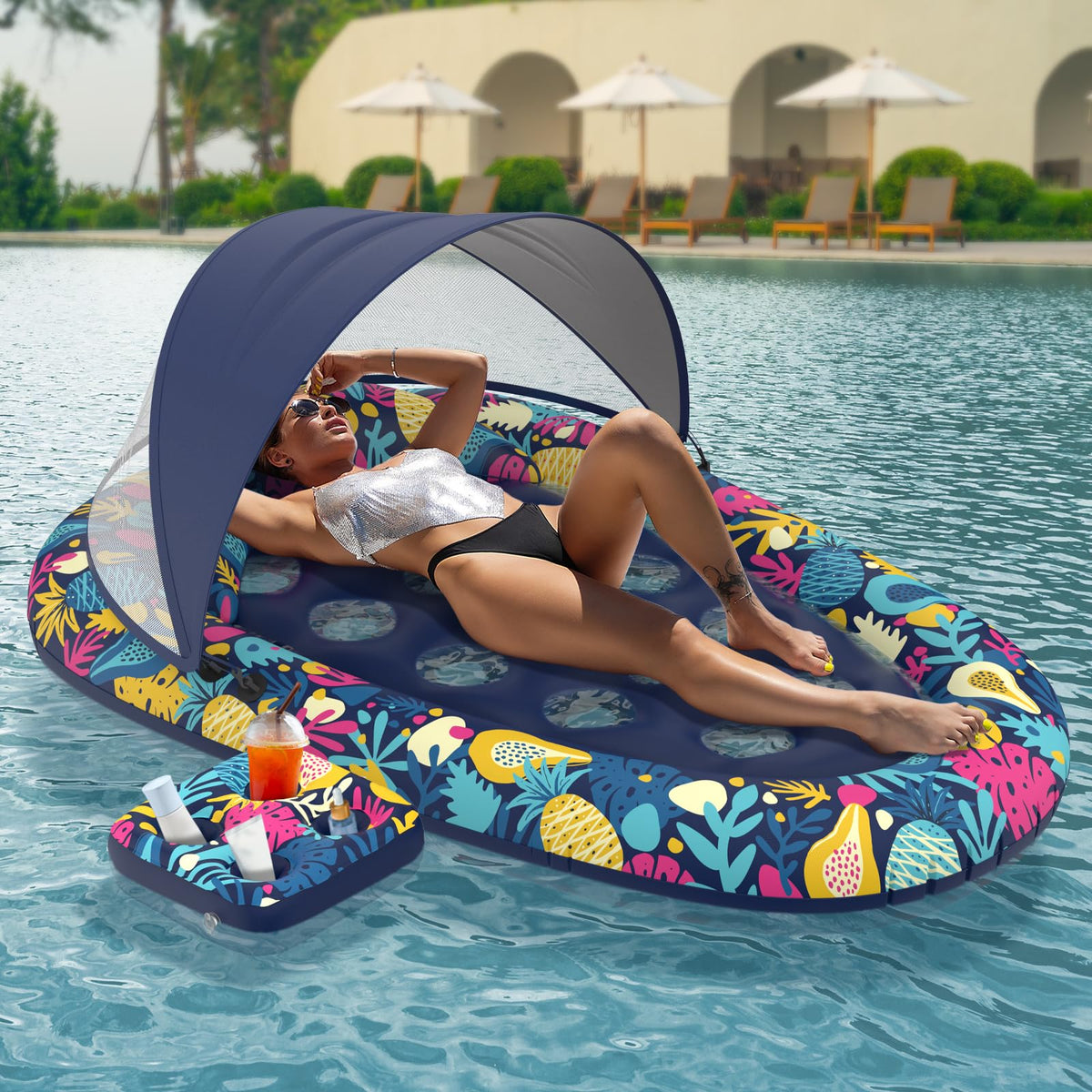Sunikko X 3-in-1 pool float canopy shade over relaxing pool day