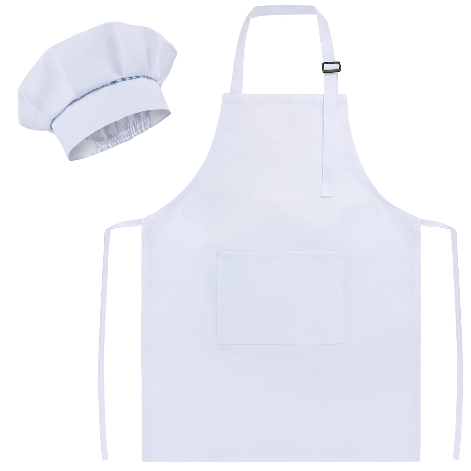SUNLAND kids apron and hat set, white front view with mushroom hat for baking.
