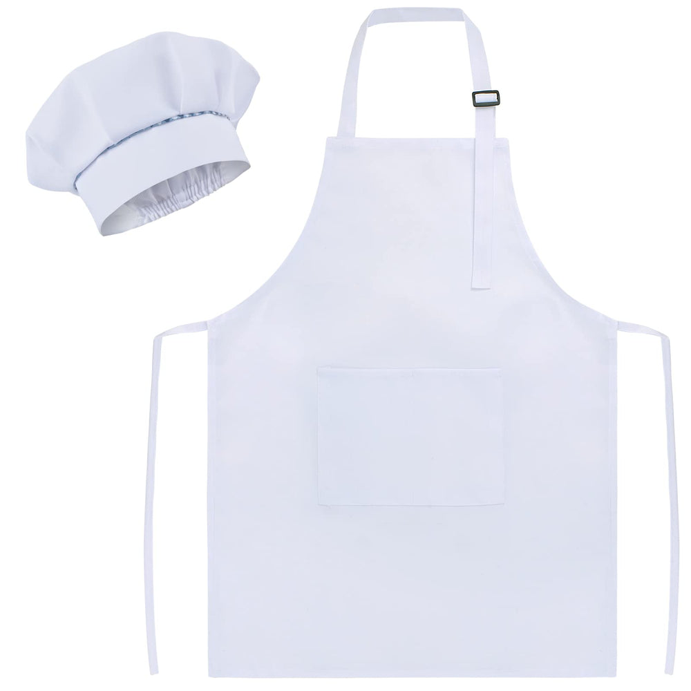 SUNLAND kids apron and hat set, white front view with mushroom hat for baking.
