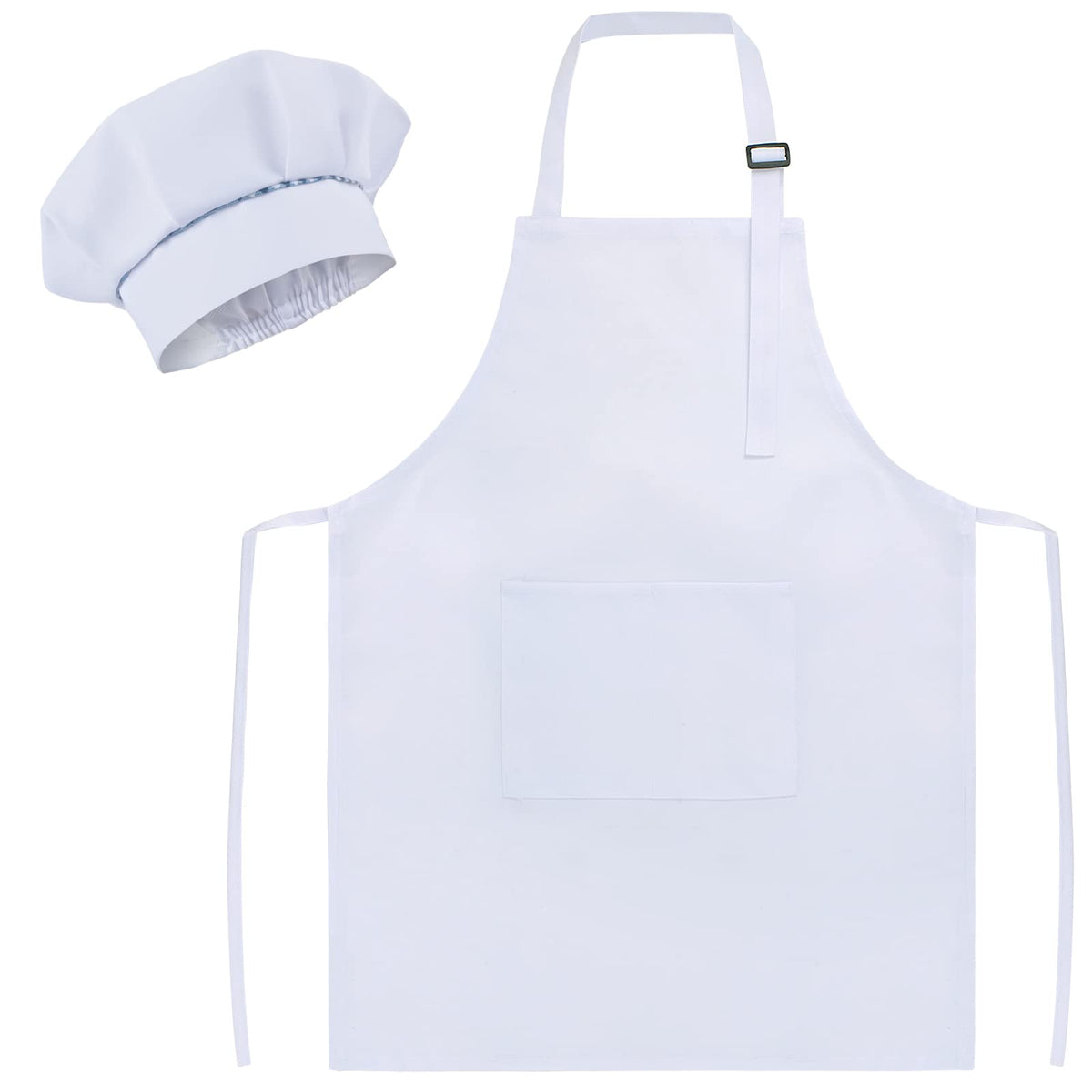 SUNLAND kids apron and hat set, white front view with mushroom hat for baking.