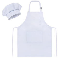 SUNLAND kids apron and hat set, white front view with mushroom hat for baking.