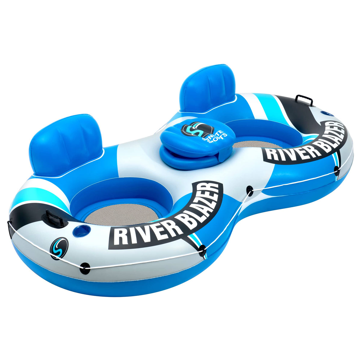 Sunlite Sports 2-Person River Blazer inflated on calm lake water for relaxing leisure