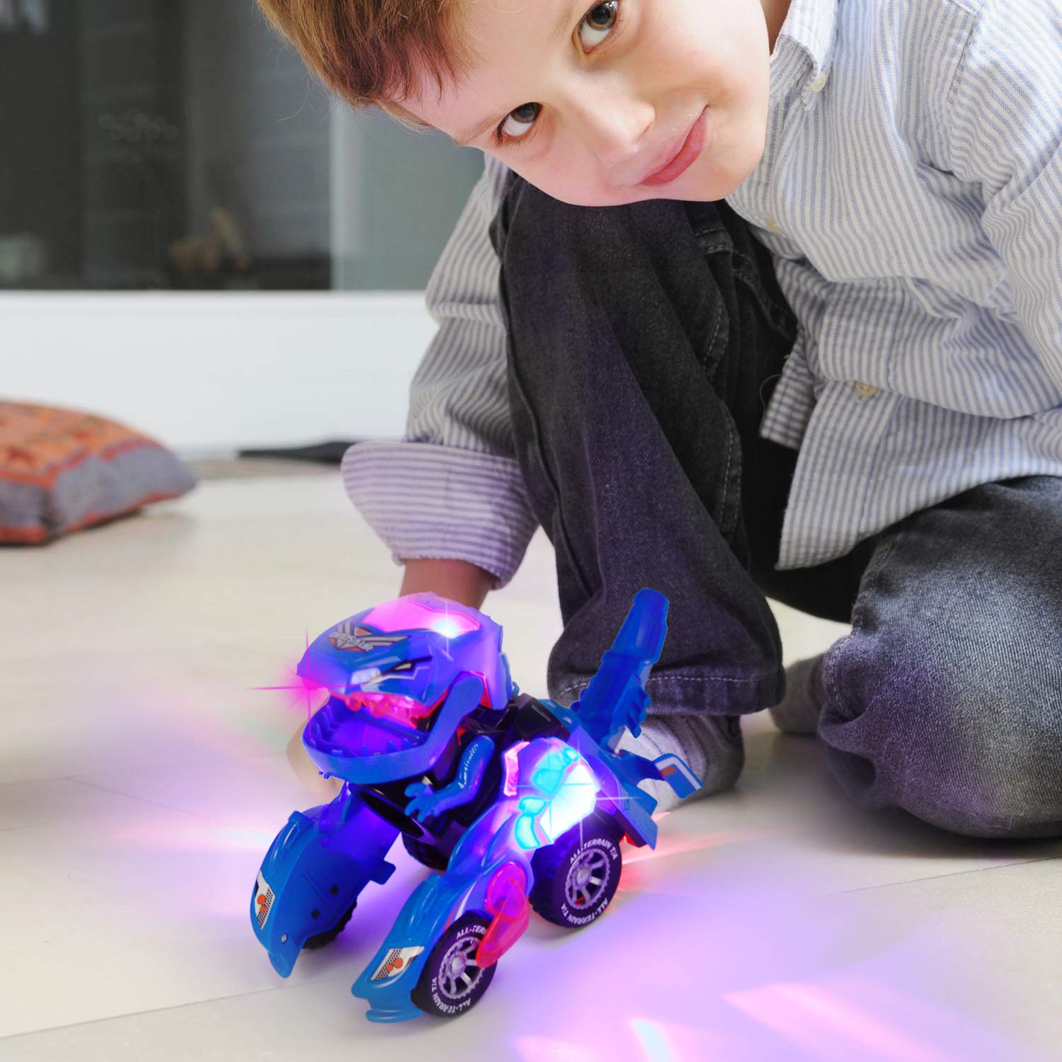 Sunnhan blue transformer dinosaur car, dinosaur mode roaring fun for kids.