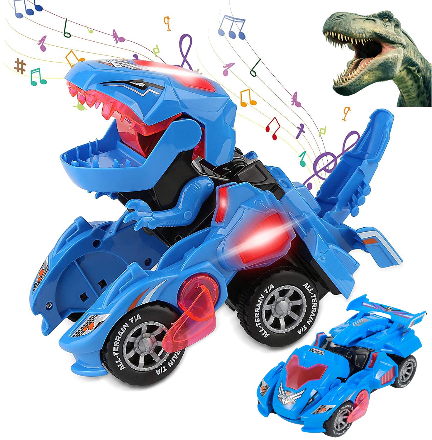 Sunnhan blue transformer dinosaur car, front view, sparks imaginative play.