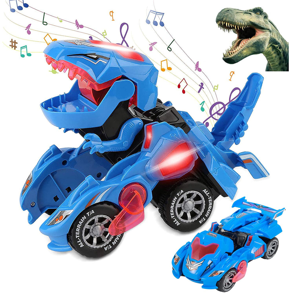 Sunnhan blue transformer dinosaur car, front view, sparks imaginative play.