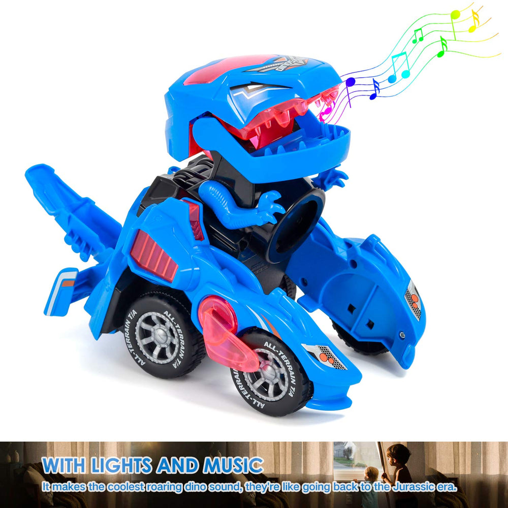 Sunnhan blue transformer dinosaur car, LED lights for night-time play.