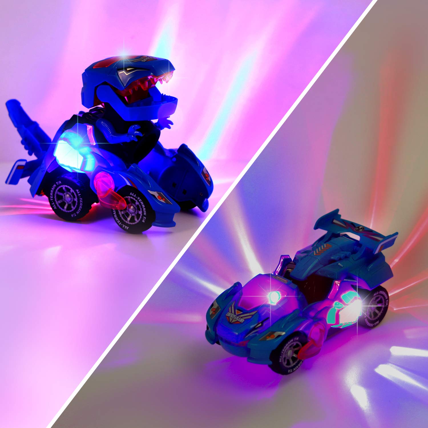 Sunnhan blue transformer dinosaur car, sound effects enhance play moments.