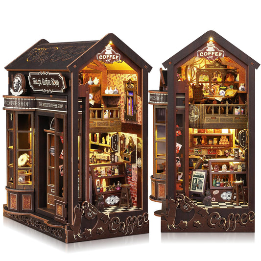 SUNNINO Book Nook Kit coffee-store diorama with warm glow for inviting shelf displays.