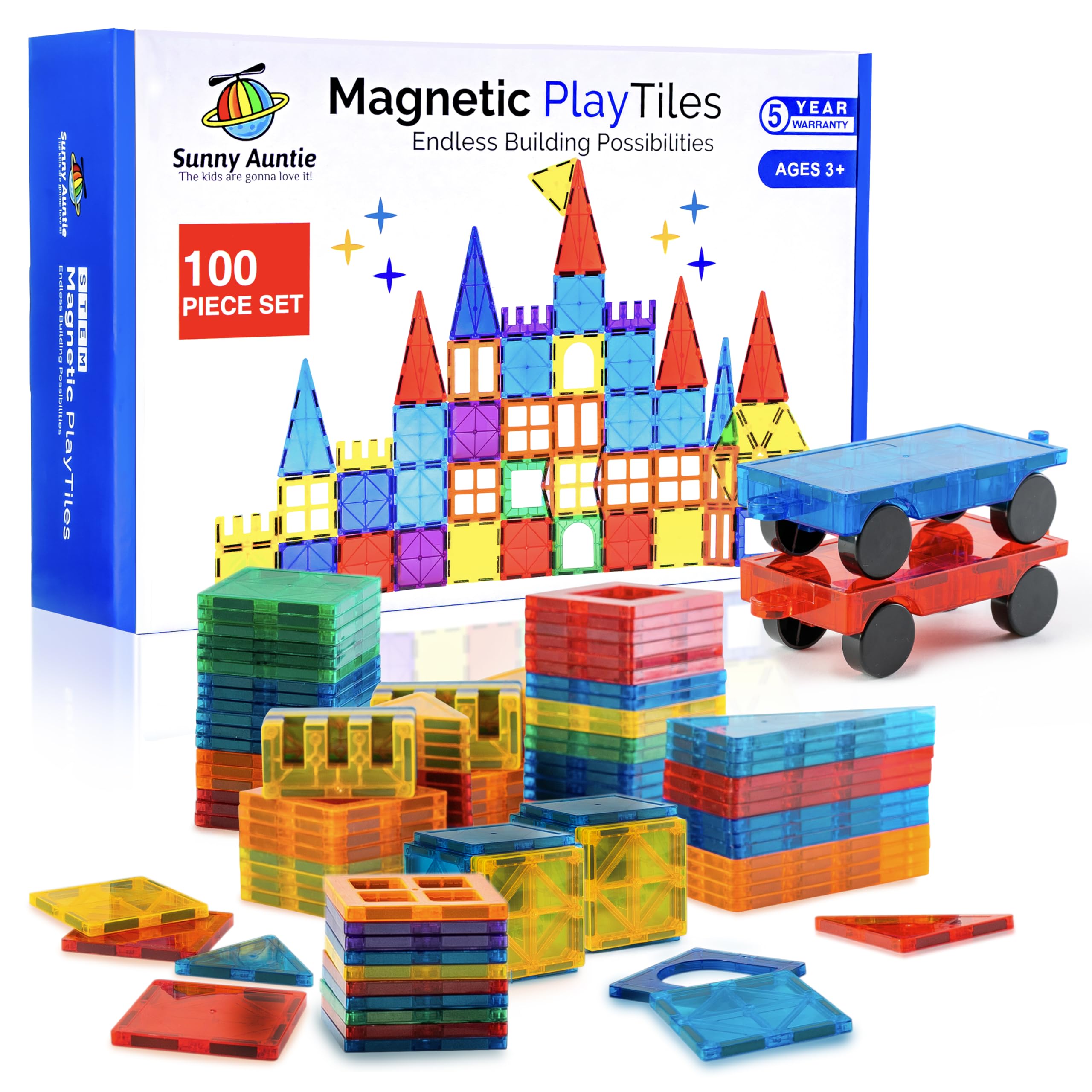 Sunny Auntie Magnetic Tiles set with 100 pieces and two cars promotes creative play and STEM exploration