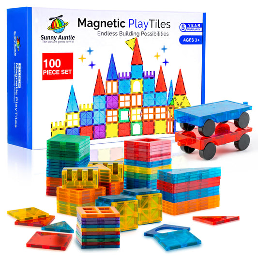 Sunny Auntie Magnetic Tiles set with 100 pieces and two cars promotes creative play and STEM exploration