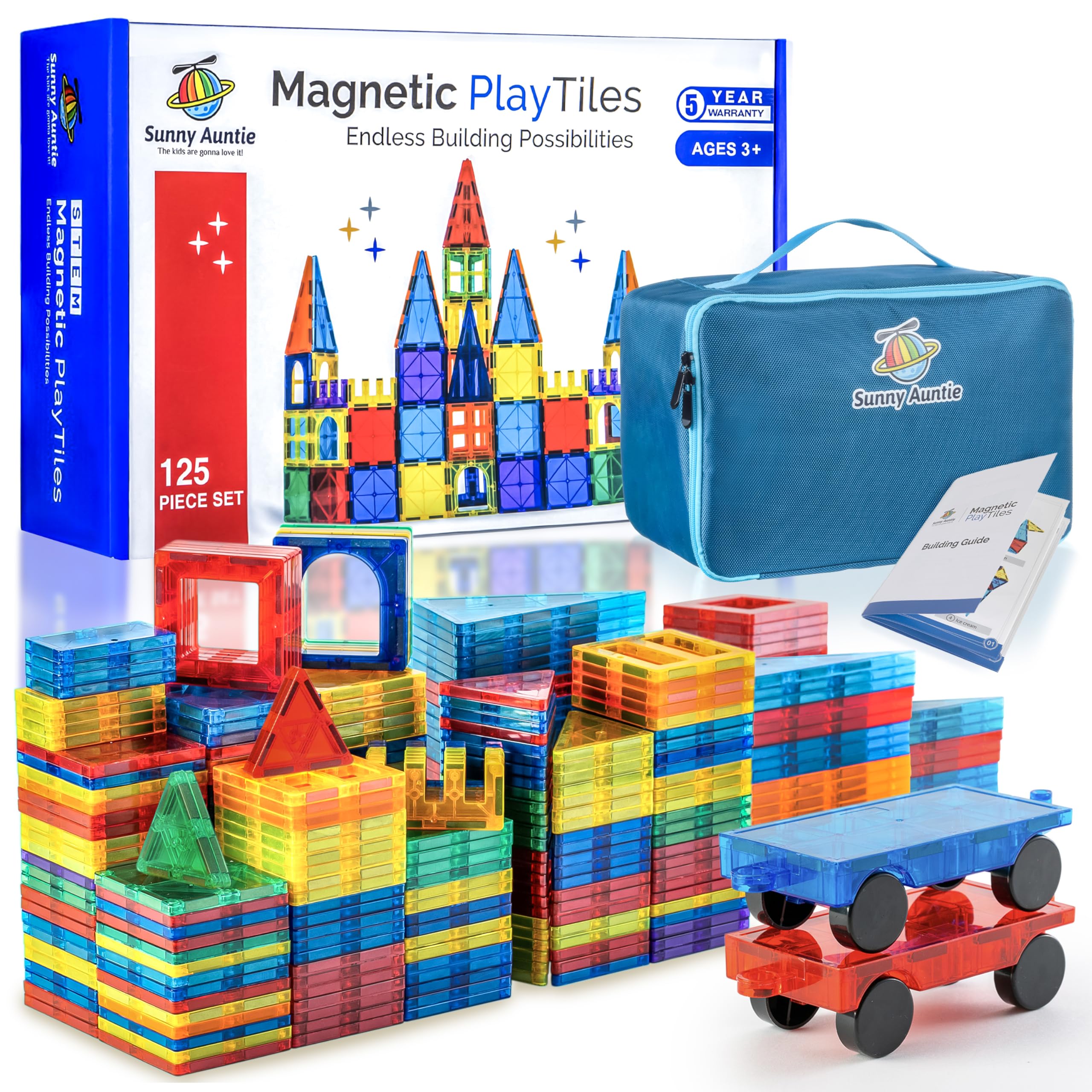Sunny Auntie magnetic tiles 125-pcs XL set in a box, vibrant colors for creative building.