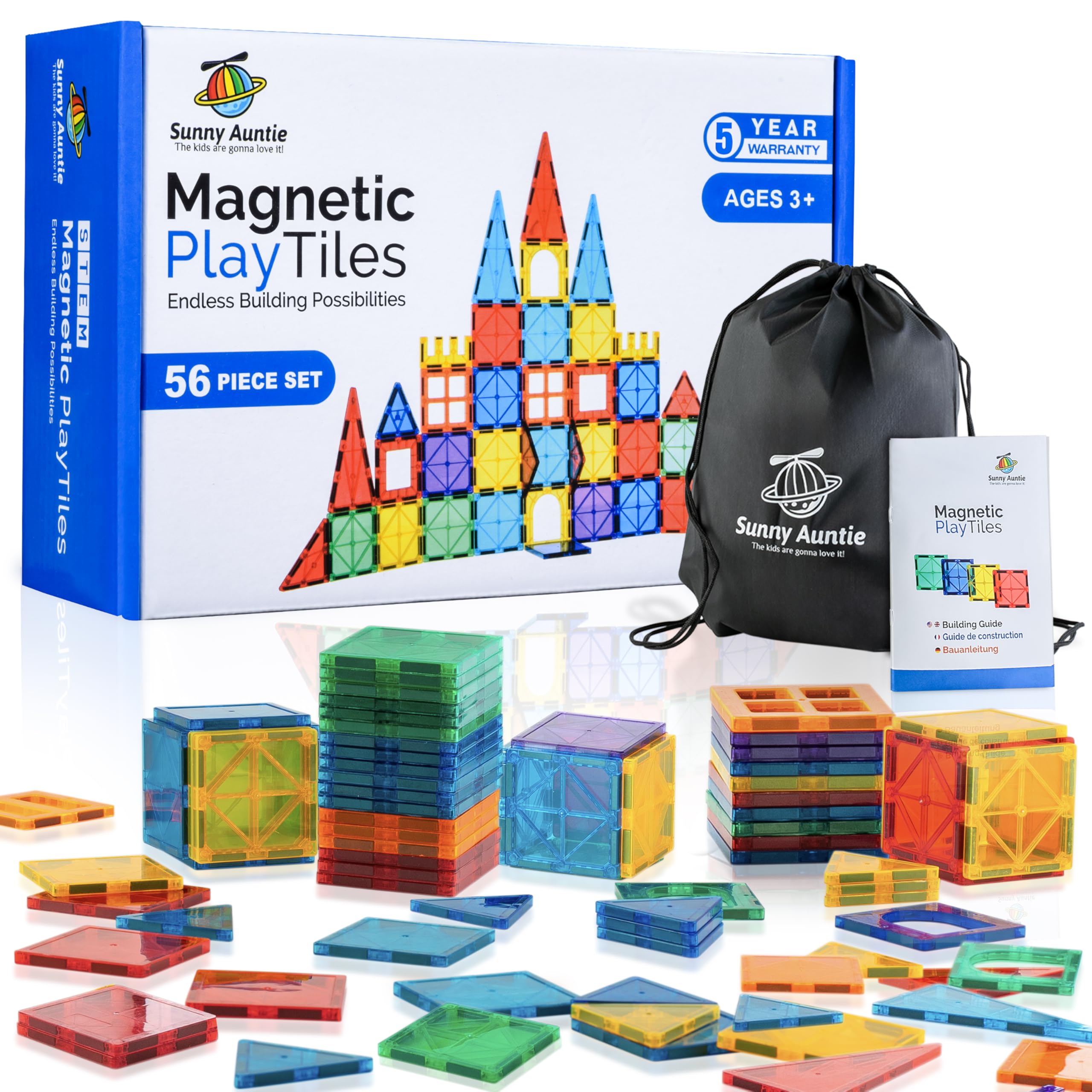 Sunny Auntie magnetic tiles 56-pcs arranged for open-ended building.