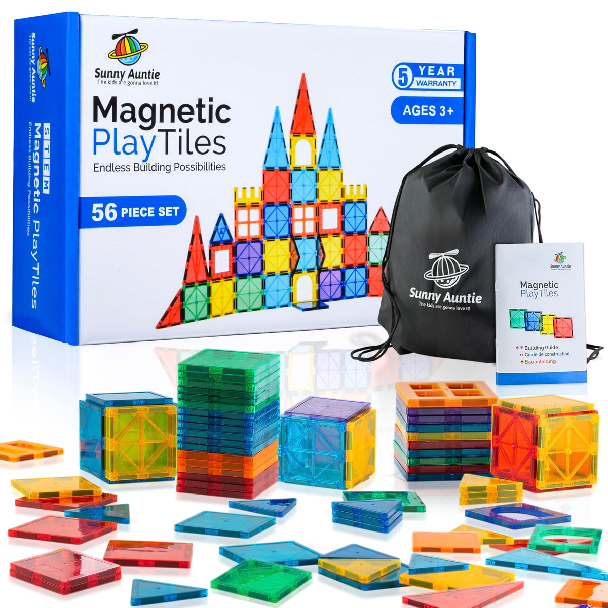 Sunny Auntie magnetic tiles 56-pcs arranged for open-ended building.