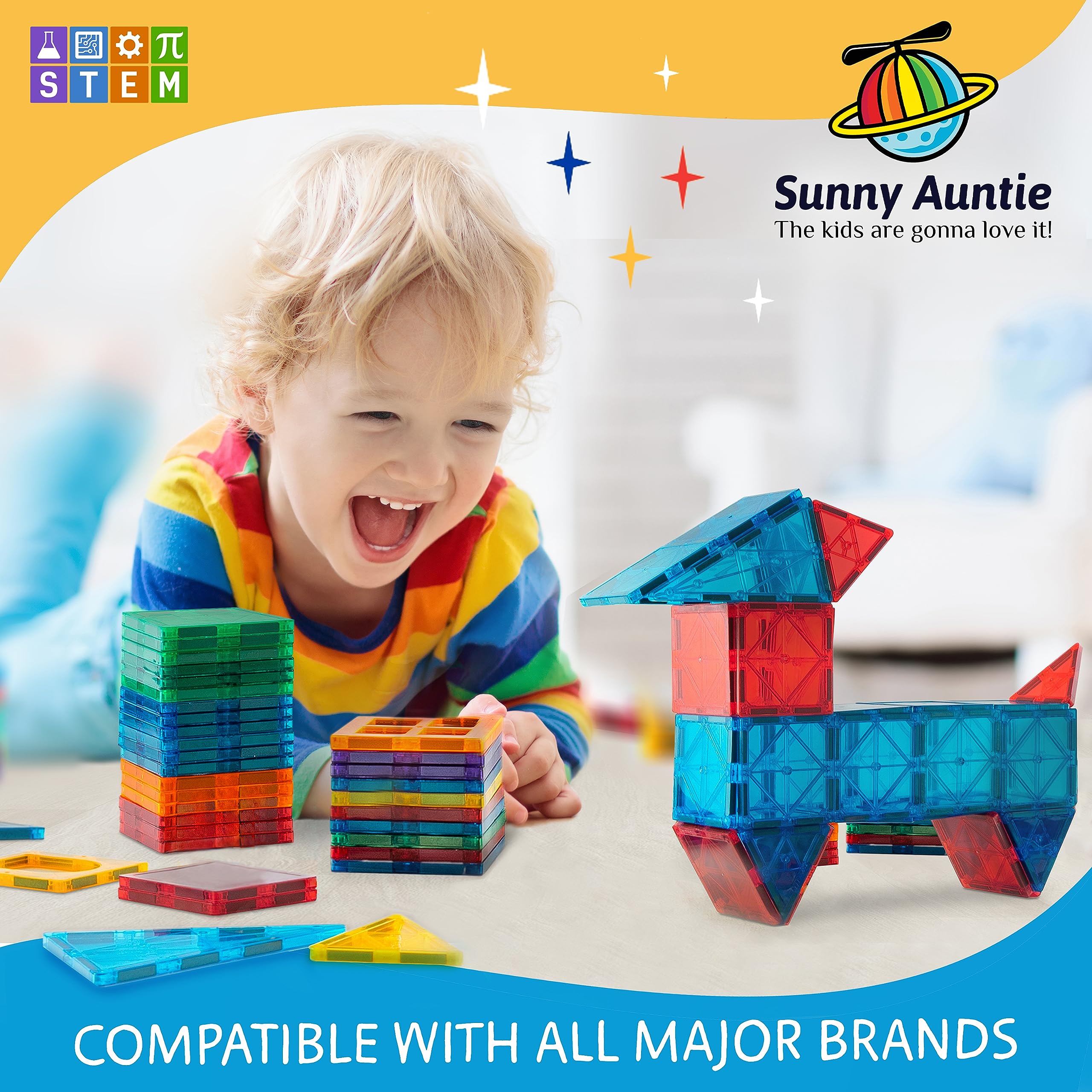 Sunny Auntie tiles with strong magnets for durable structures.