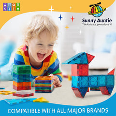Sunny Auntie tiles with strong magnets for durable structures.