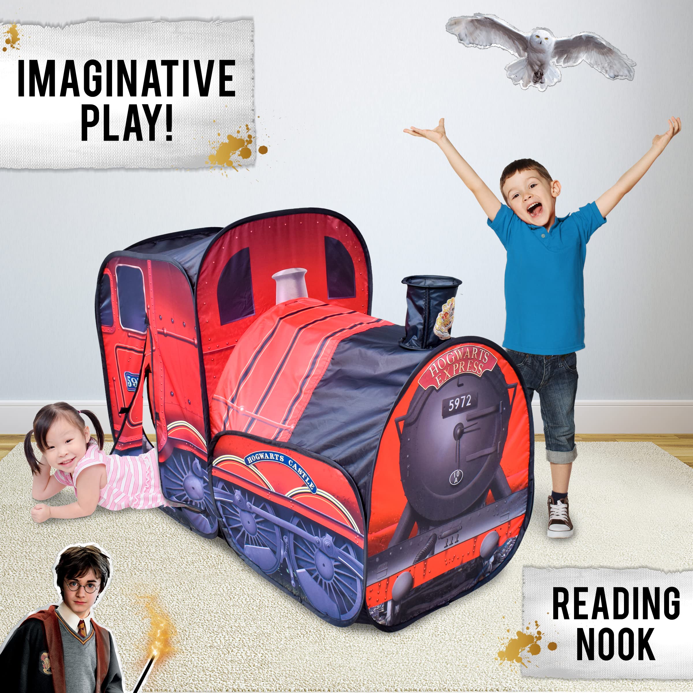 Sunny Days Entertainment Hogwarts Express pop up tent with detailed graphics for immersion.