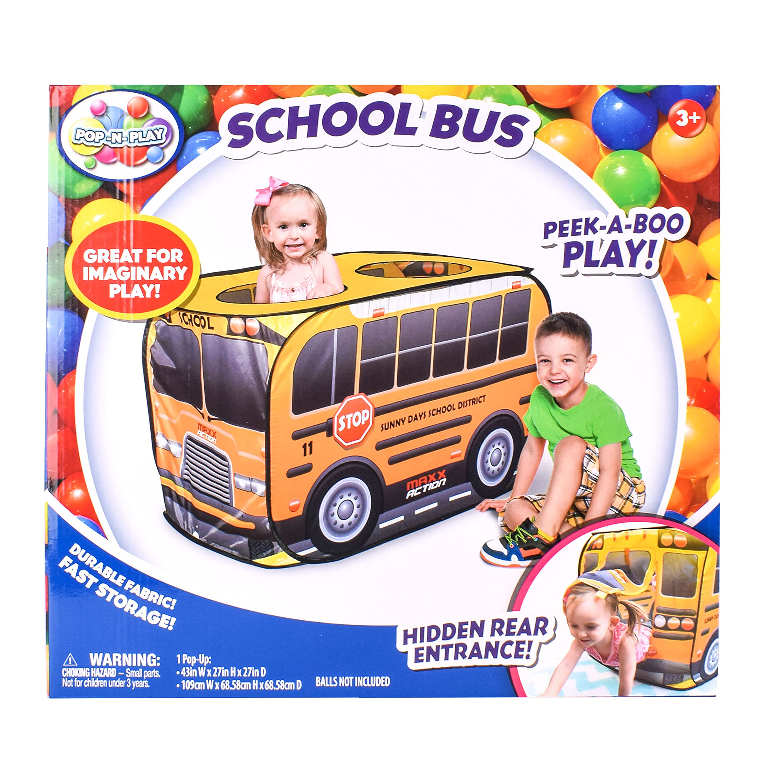 Sunny Days Pop Up School Bus bold graphics; helps spark storytelling and role play