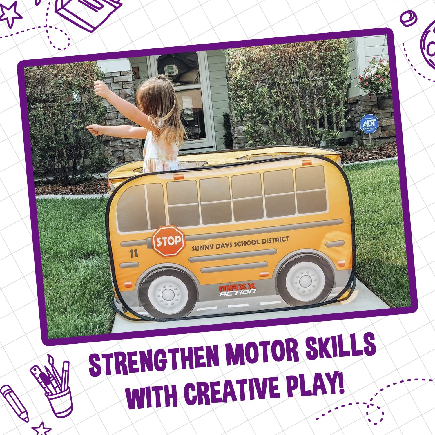 Sunny Days Pop Up School Bus folded storage; compact design for quick setup and put-away