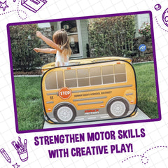 Sunny Days Pop Up School Bus folded storage; compact design for quick setup and put-away