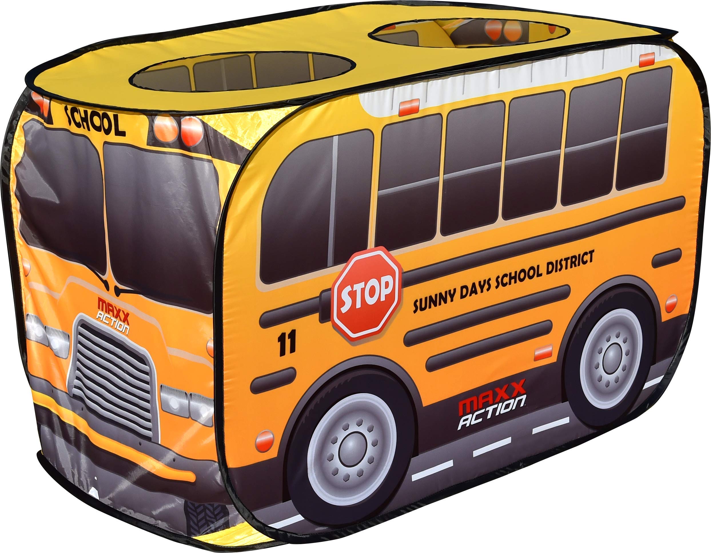 Sunny Days Pop Up School Bus front view; inviting design for imaginative play