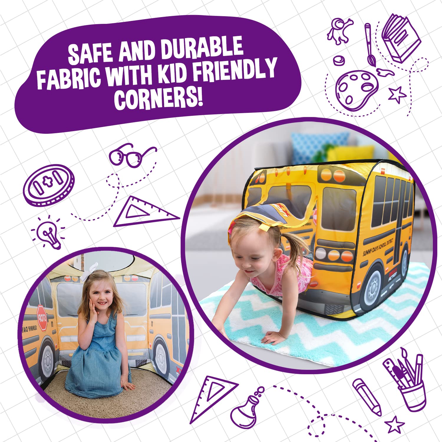 Sunny Days Pop Up School Bus rear entrance; easy crawl-in access for kids