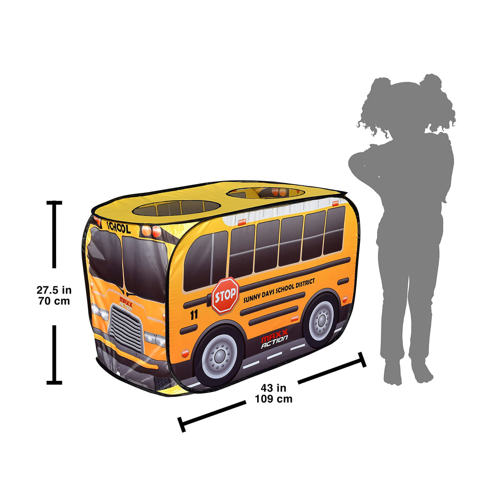 Sunny Days Pop Up School Bus kids playing; versatile space for reading or games