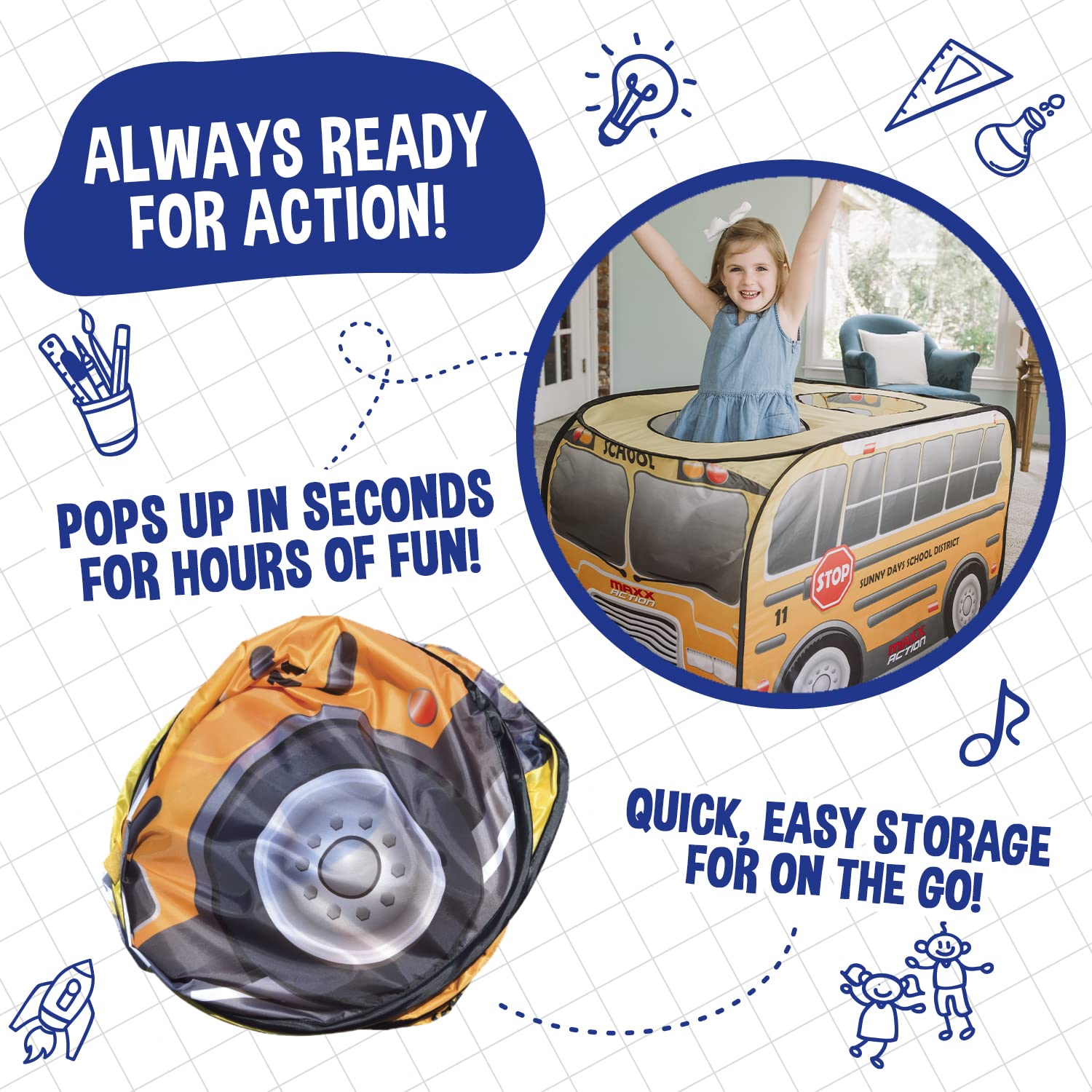 Sunny Days Pop Up School Bus roof openings; peek-through fun during pretend trips