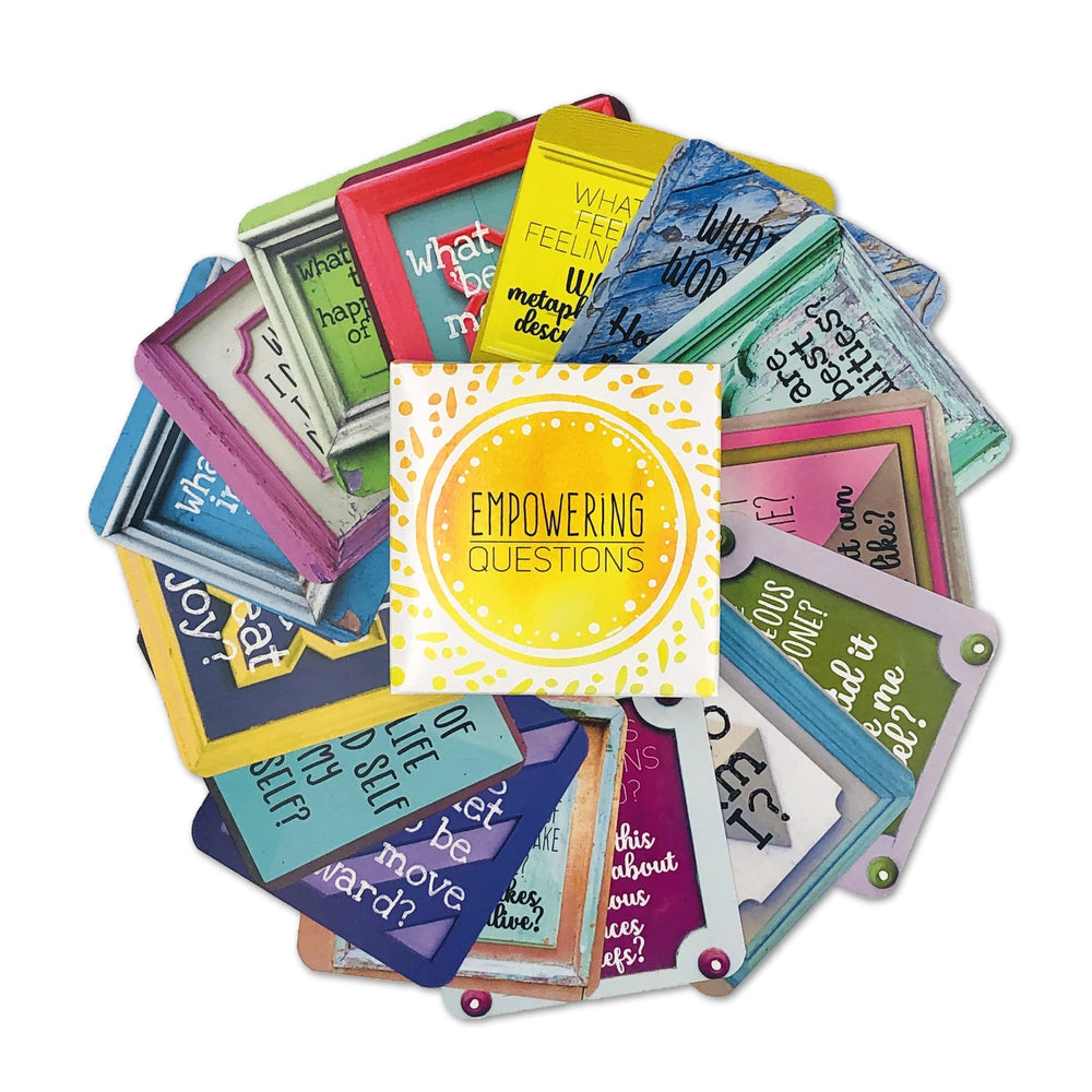 Sunny Present Empowering Questions Card in-hand view highlights premium stock.