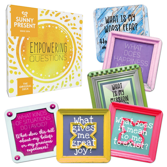 Sunny Present Empowering Questions Cards cover with Tallinn doors invites mindful exploration.