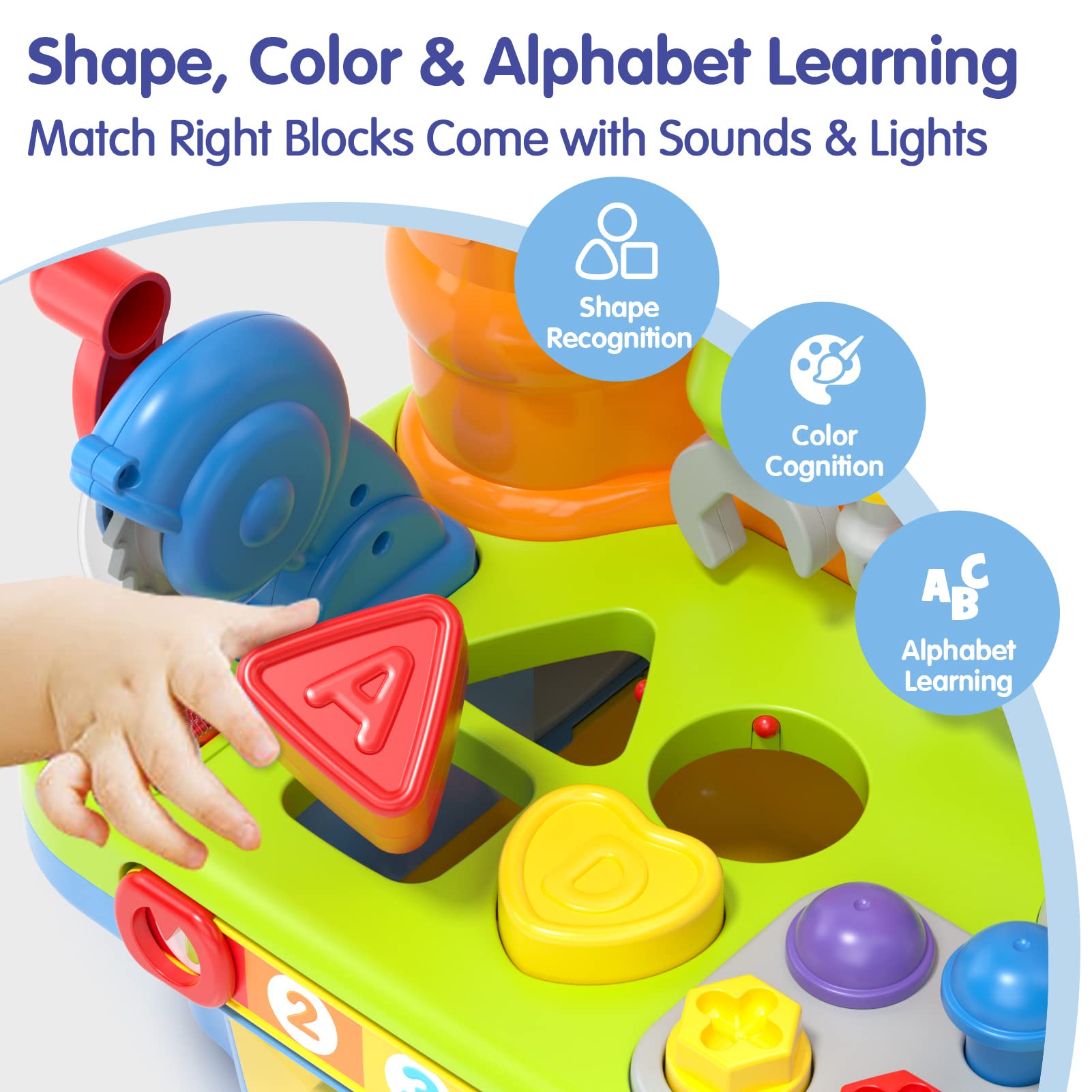 SunnyPal music and lights function enhances early auditory cues during play.