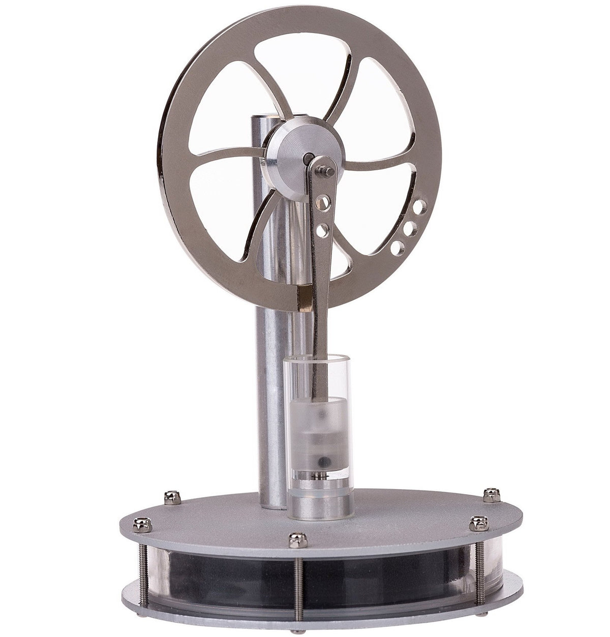 Sunnytech low-temperature Stirling engine base showcases elegant stainless steel and a stable desk display.