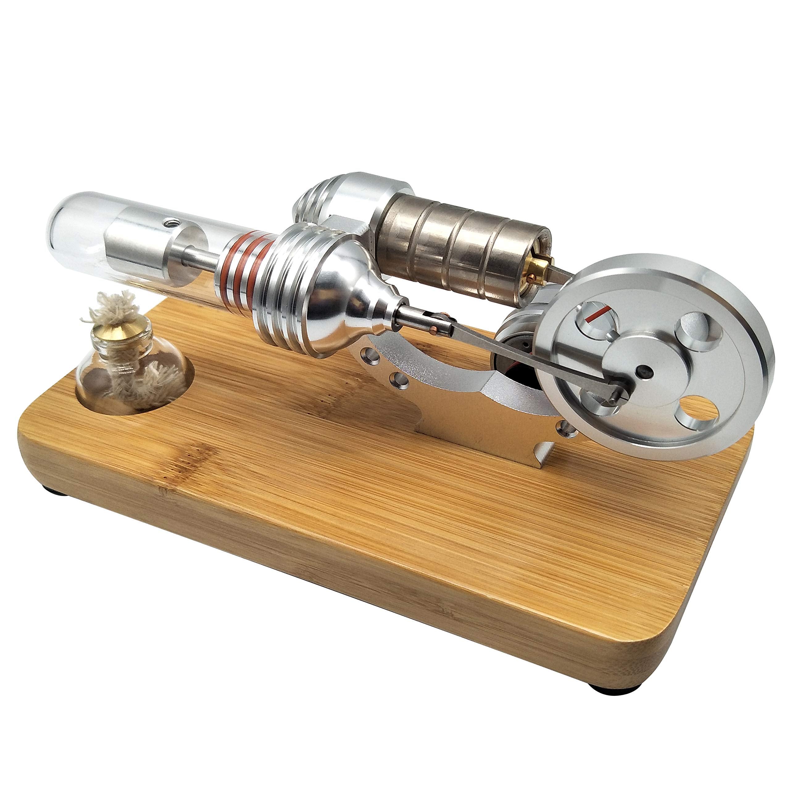 Alcohol burner heats the cylinder to power rotation and LED illumination.