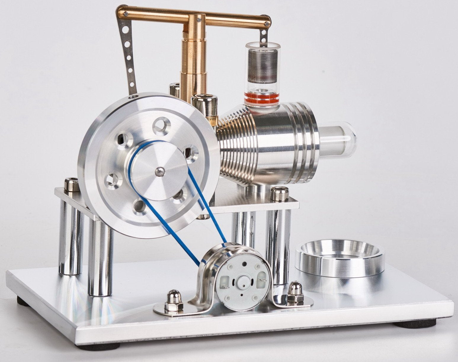 Sunnytech Stirling engine with multicolor LED lighting demonstrating energy conversion.