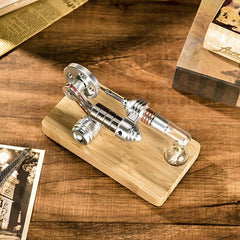 Sunnytech Stirling engine on a wood base for hands-on learning and display.