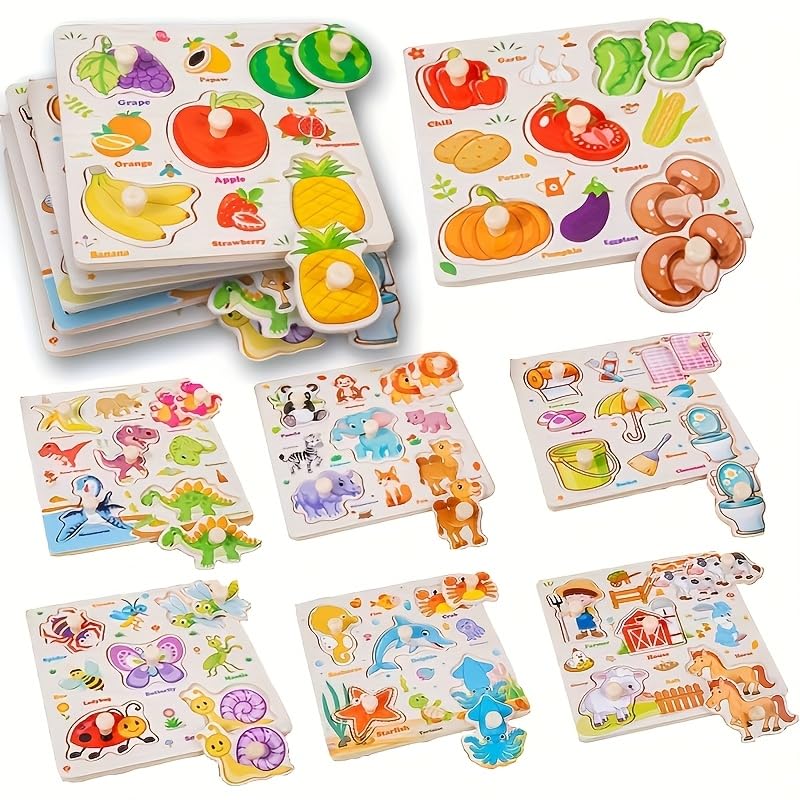 SUNPROUND wooden peg puzzle animal for toddlers improves fine motor skills and color recognition