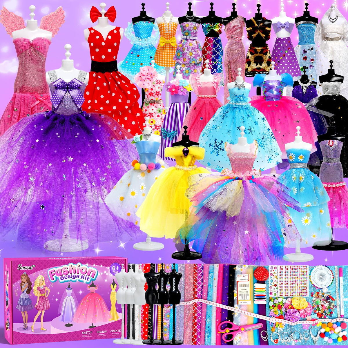 Sunrad 1500+ kit with six mannequins showcases outfits for imaginative fashion play.