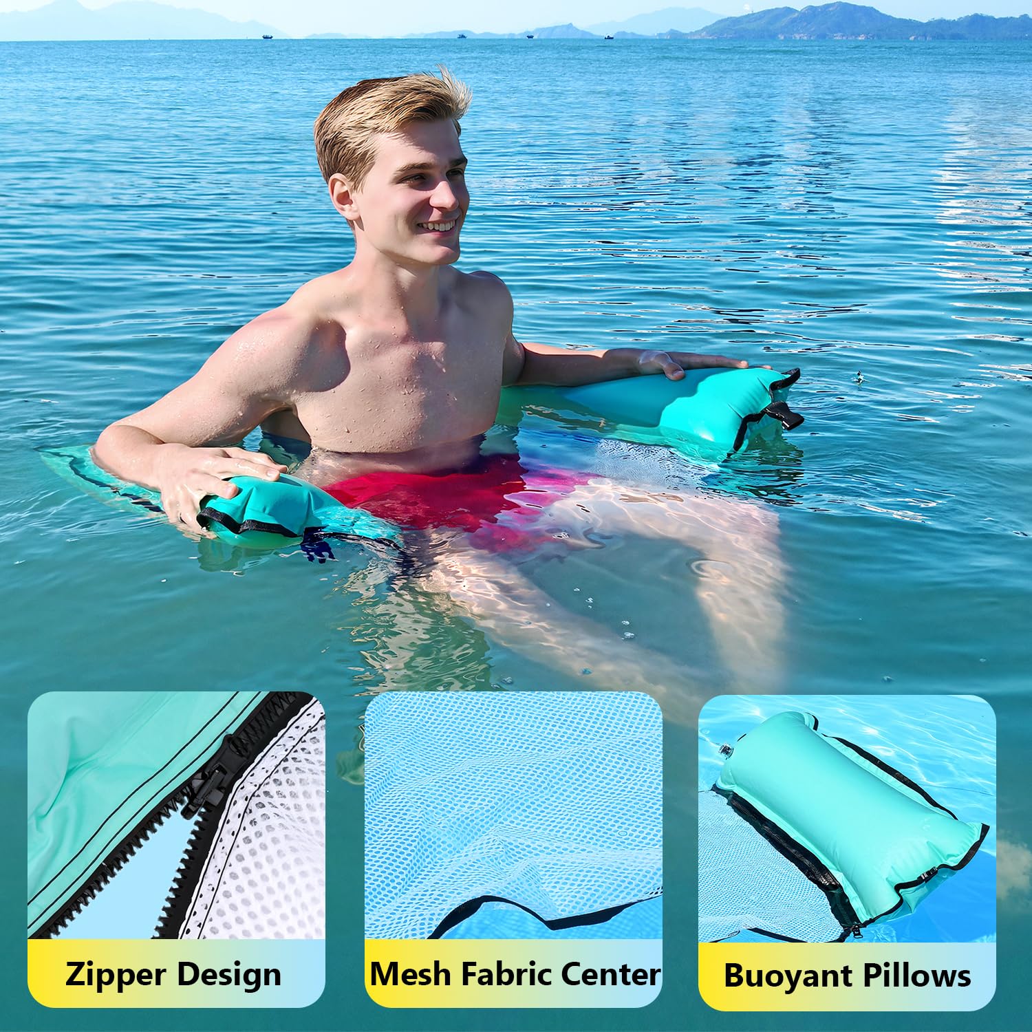 Sunrio detachable air pillows convert mat into pool hammock for sunbathing