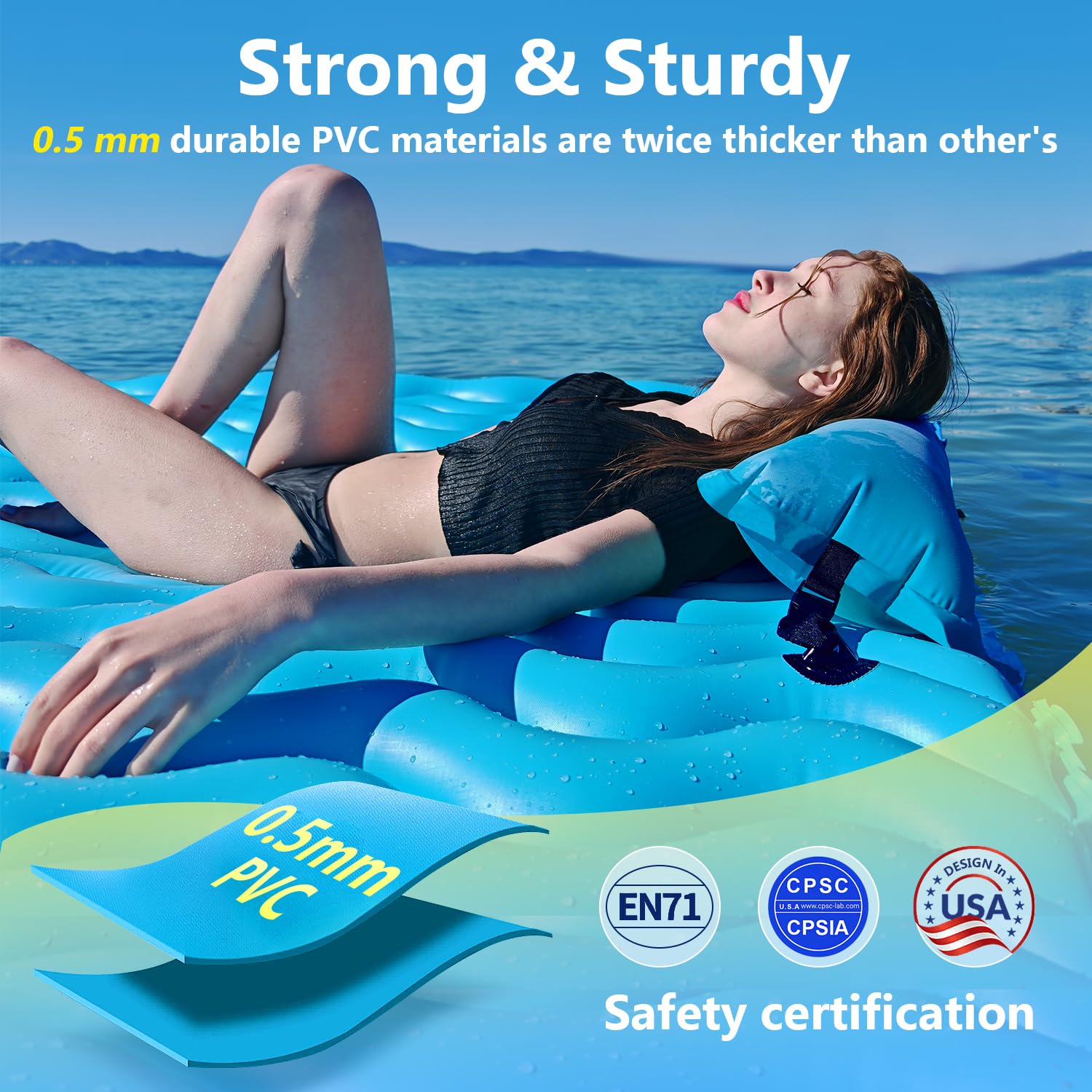 Sunrio easy-inflate design in blue enables quick setup on sunny days.