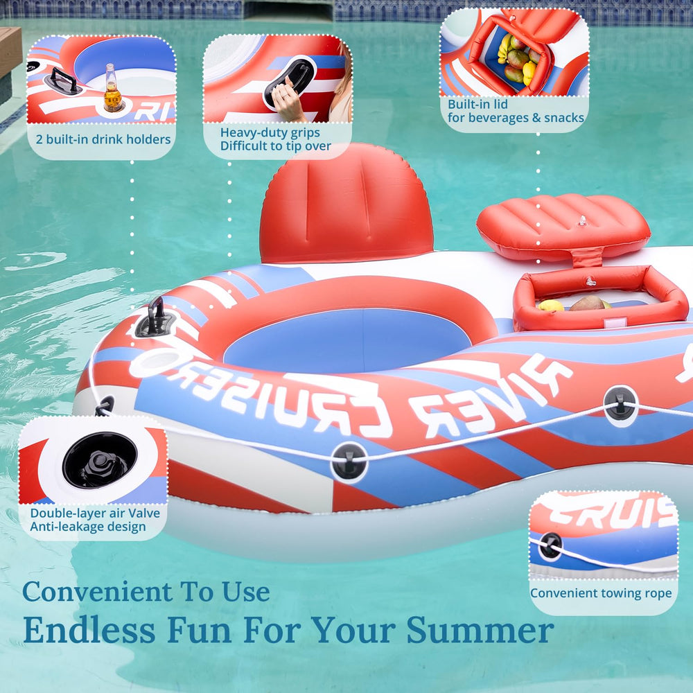 Sunrio floating raft with heavy-duty handles for secure control while afloat.