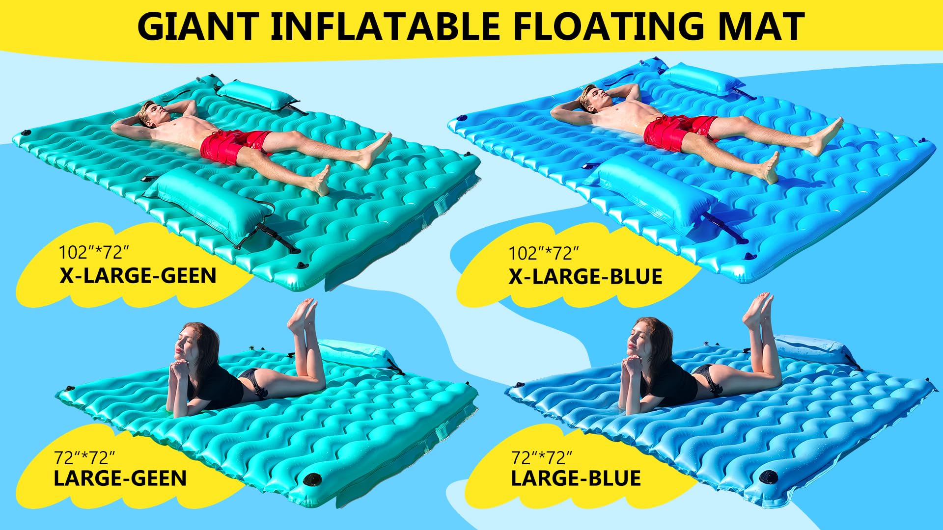 Sunrio green floating mat ready for family water parties and gatherings.
