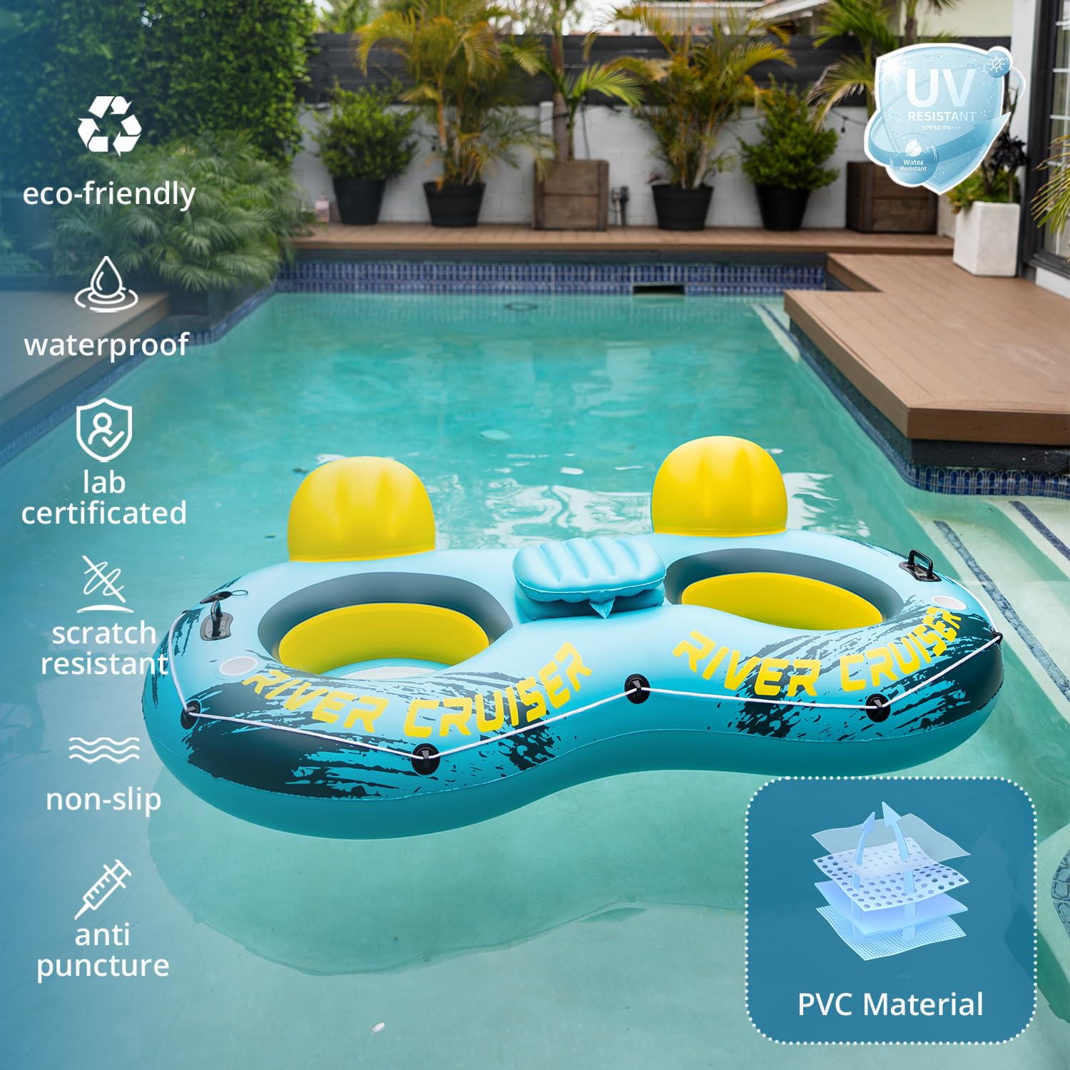 Sunrio heavy-duty anti-puncture PVC material for long-lasting water fun.