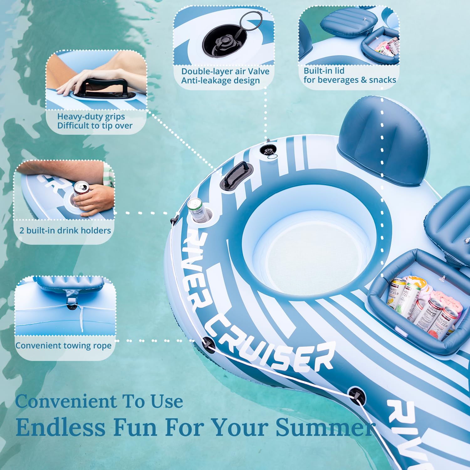 Sunrio river tube backrest close-up highlighting ergonomic 18x11 inch support.