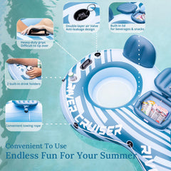 Sunrio river tube backrest close-up highlighting ergonomic 18x11 inch support.
