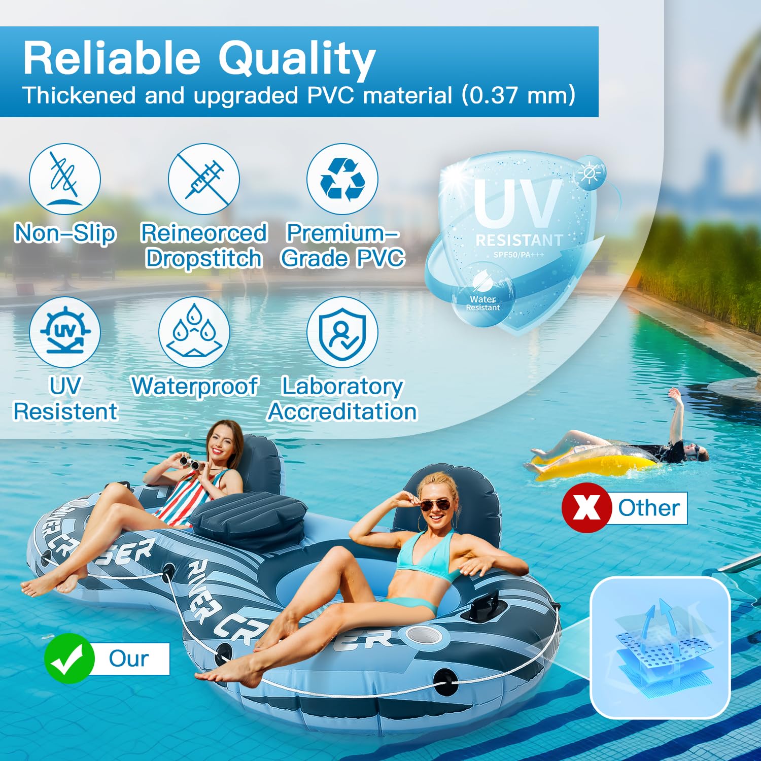 Sunrio river tube on calm water with lake scenery and lounging setup.