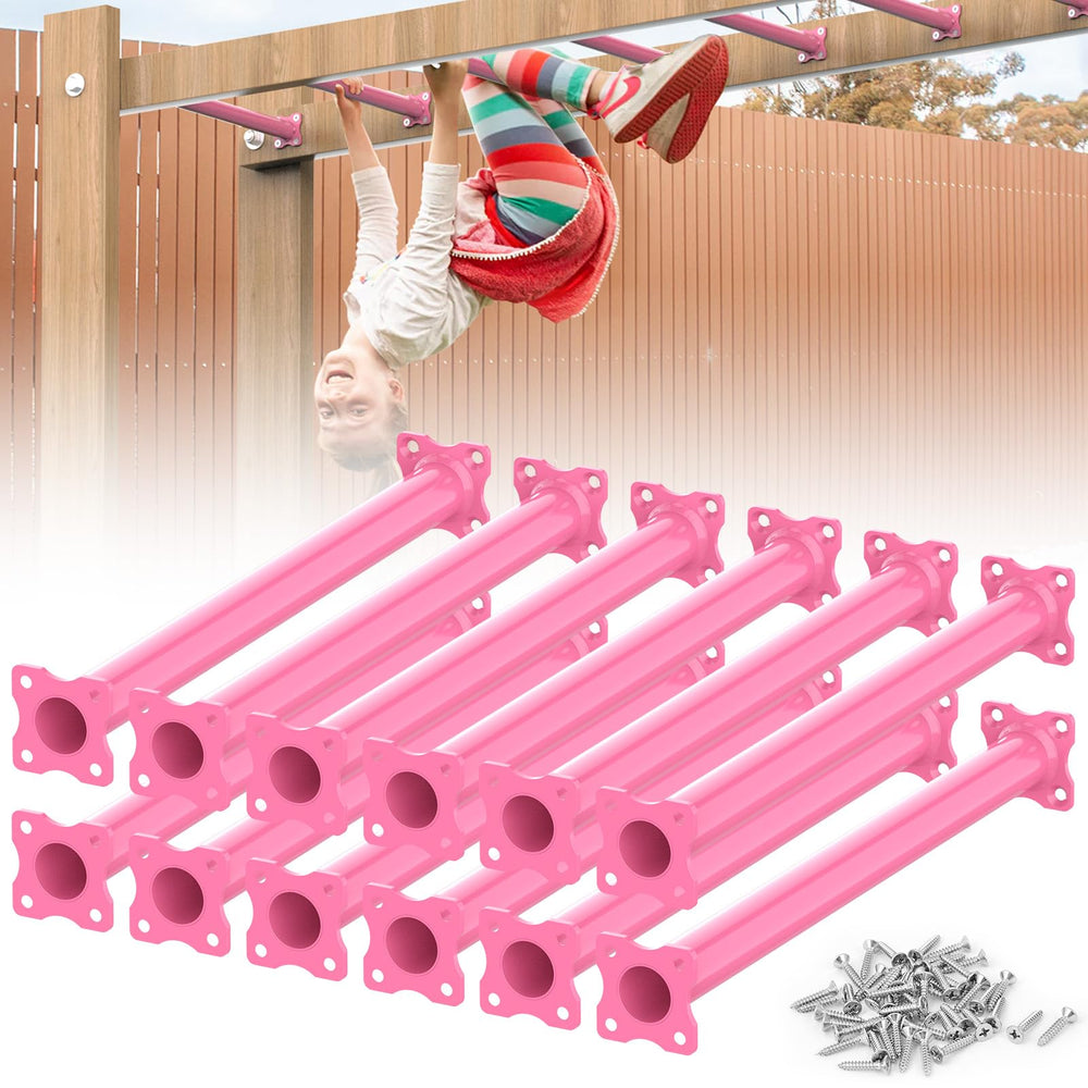 Sunshine Farmre pink monkey bars kit overview for backyard play and easy setup.