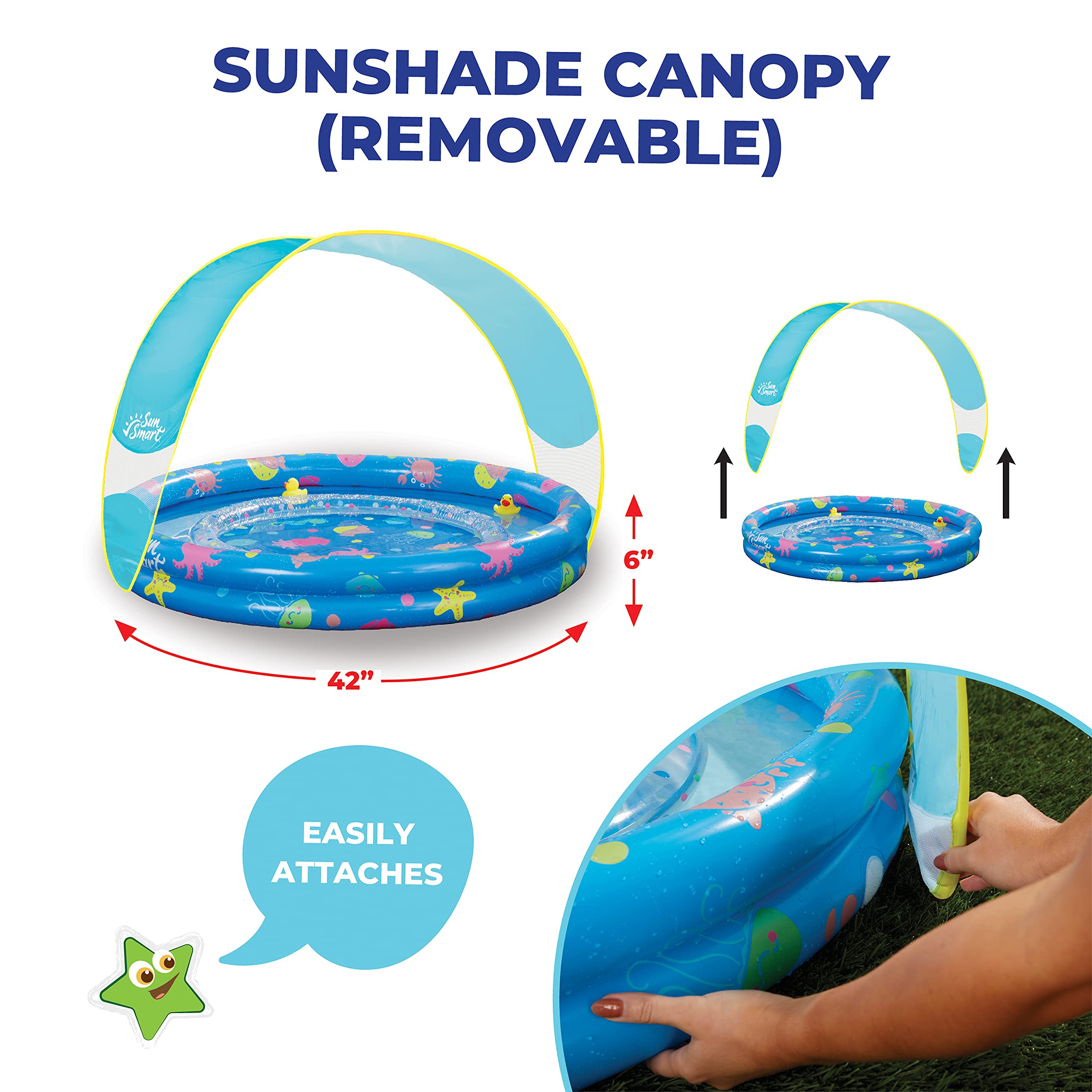 SunSmart inflatable kiddie pool with sunshade canopy for shaded playtime.