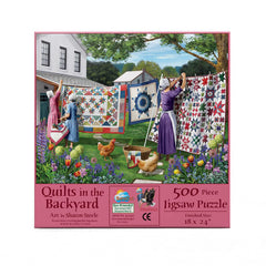 SunsOut Quilts in the Backyard puzzle box front, premium quality ideal for gifting.