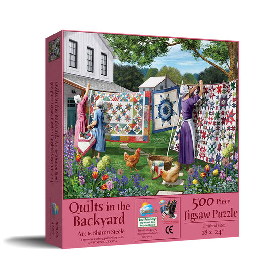 SunsOut Quilts in the Backyard puzzle pieces close-up, interlocking for easier assembly.