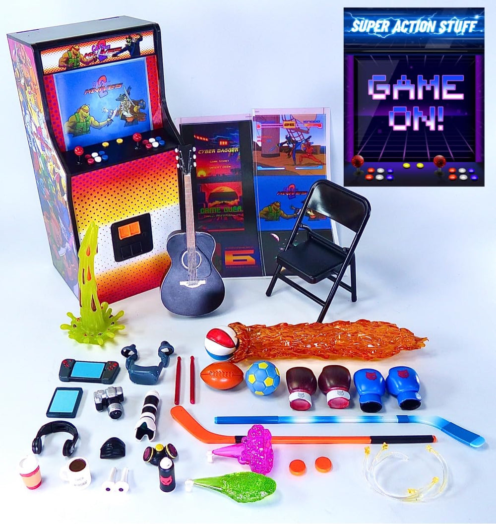 Super Action Stuff Game On Arcade machine with LED light enhances action figure photography scenes.