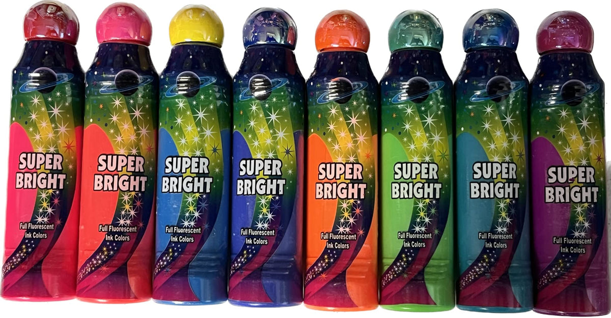 Full set of Super Bright bingo daubers in eight colors with glow-in-blacklight inks.